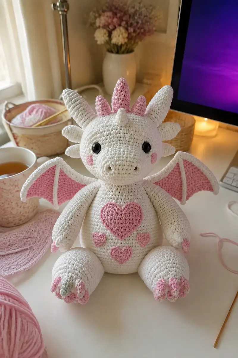Love White Dragon Amigurumi Pattern crochet pattern - detailed view of completed project