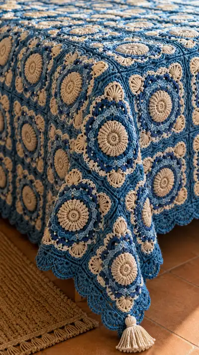 Coastal Blue Medallion Granny Bedspread Pattern step 2 - assembly progress