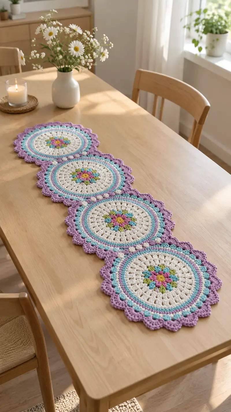 Spring Circles Table Runner Pattern crochet pattern - detailed view of completed project