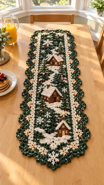 Cream And Forest Green Winter Village Table Runner Pattern step 1 - construction progress