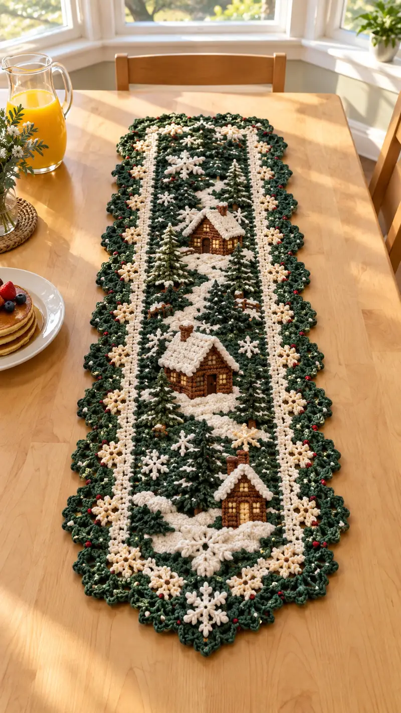 Cream And Forest Green Winter Village Table Runner Pattern crochet pattern - detailed view of completed project