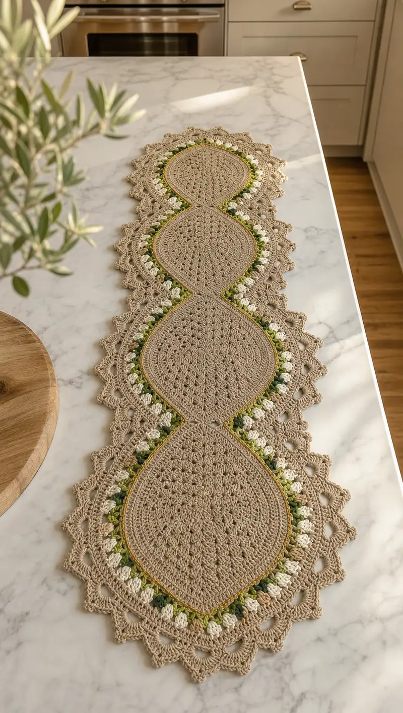 Elegant Neutral Leaf Table Runner Pattern crochet pattern - detailed view of completed project