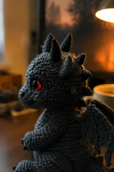 Small Grey Demon Dragon with Red Eyes Amigurumi Pattern step 2 - assembly progress