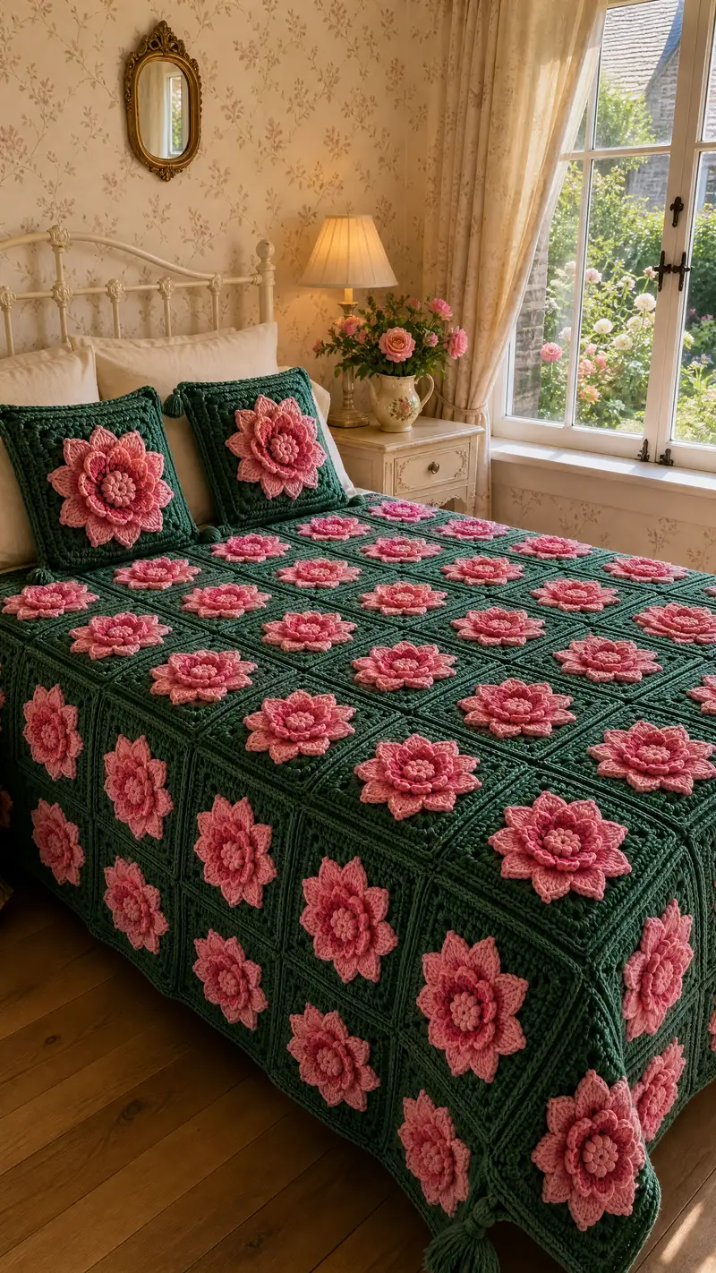 Blush Lotus Granny Square Bedspread Pattern crochet pattern - detailed view of completed project
