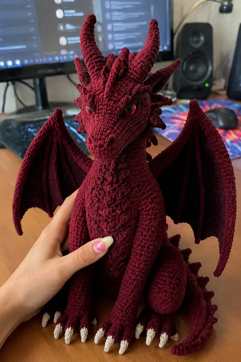 Big Deep Maroon Demon Dragon with Horns and Claws Amigurumi Pattern crochet pattern - detailed view of completed project