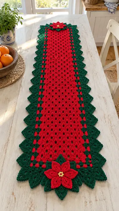 Festive Poinsettia Table Runner Pattern step 1 - construction progress
