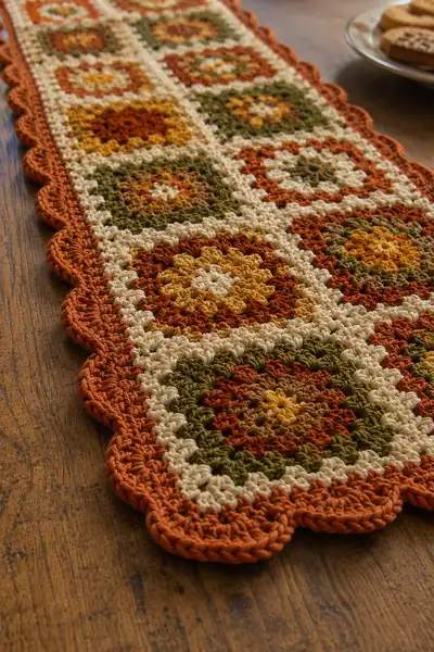 Boho Granny Square Table Runner in Warm Earth Tones Pattern step 2 - assembly progress