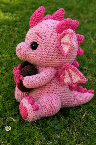 Big Candy Pink Love Dragon Holding a Chocolate Heart Box Amigurumi Pattern step 2 - assembly progress