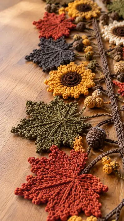 Autumn Leaves & Sunflower Table Garland Pattern step 2 - assembly progress