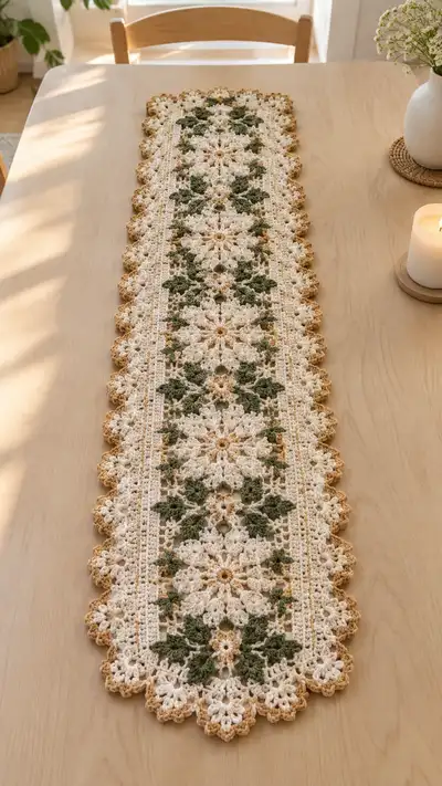 Ivory Daisy With Olive Leaf Table Runner Pattern step 1 - construction progress