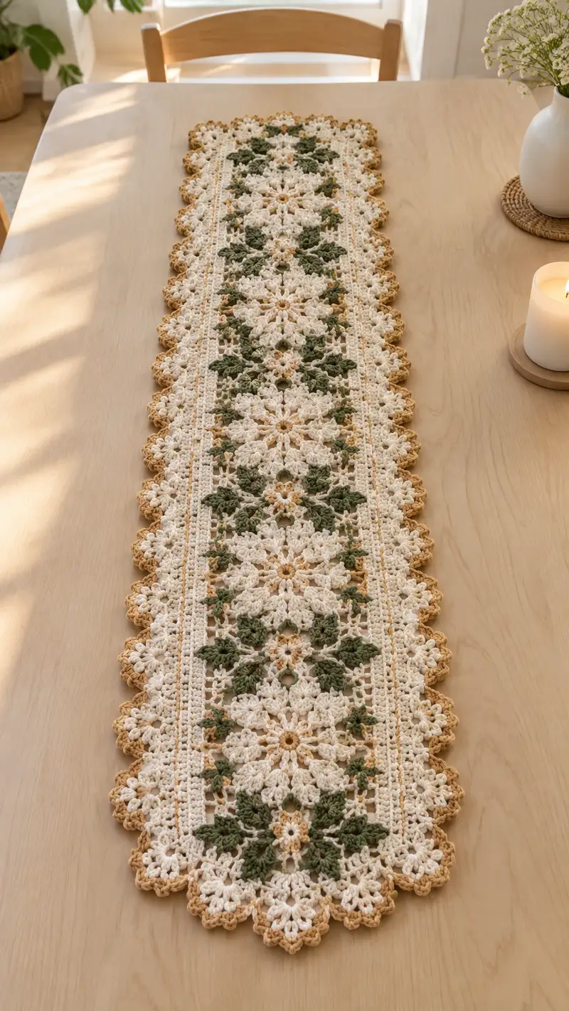 Ivory Daisy With Olive Leaf Table Runner Pattern crochet pattern - detailed view of completed project