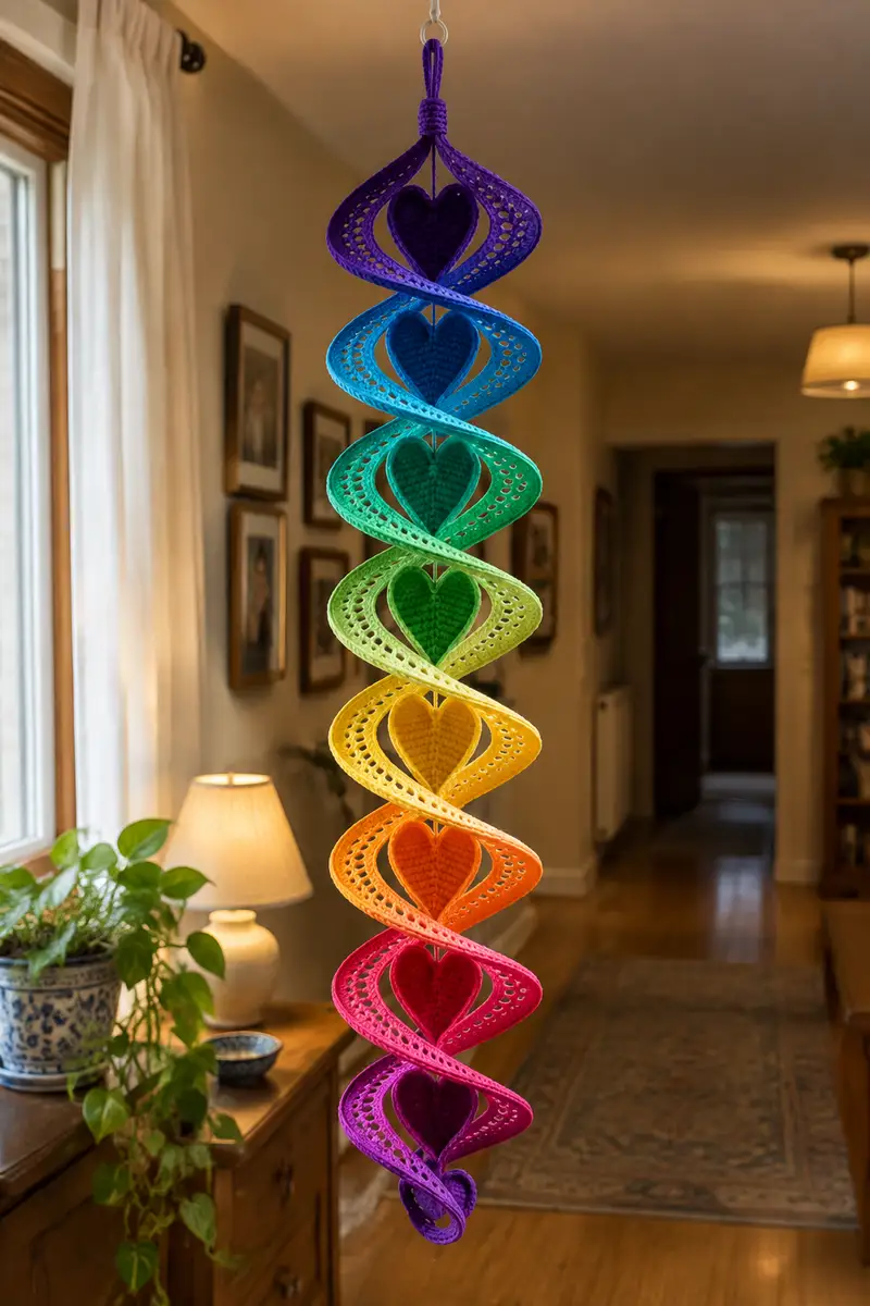 Rainbow Heart Spiral Hanging Mobile Pattern crochet pattern - detailed view of completed project