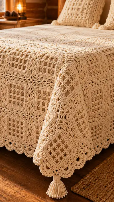 Cream Window-Lace Granny Bedspread Pattern step 2 - assembly progress