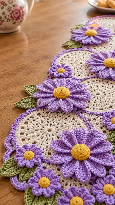 Lavender Daisy Table Runner Pattern step 2 - assembly progress