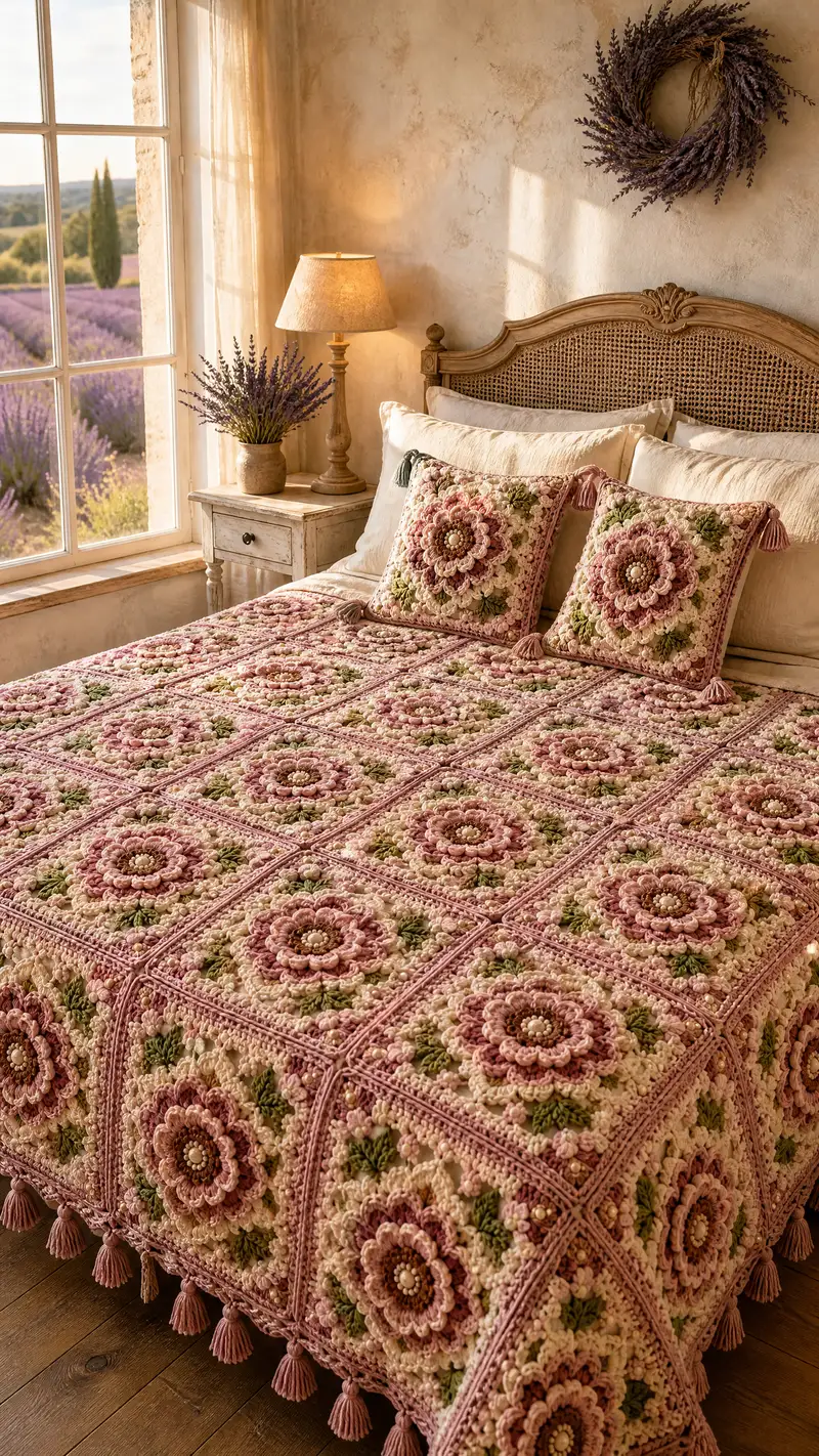 Dusty Rose Floral Granny Bedspread Pattern crochet pattern - detailed view of completed project