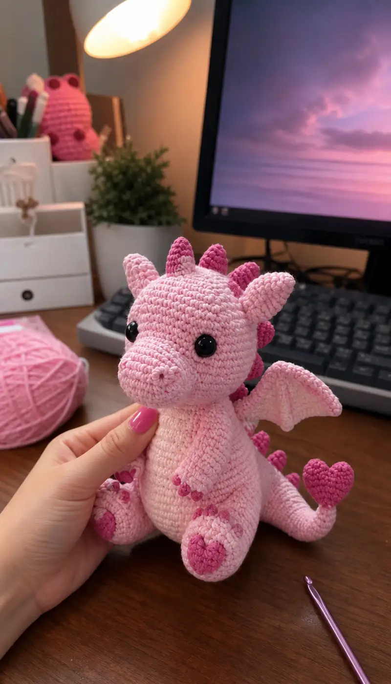 Sweet Pink Dragon Amigurumi Pattern crochet pattern - detailed view of completed project