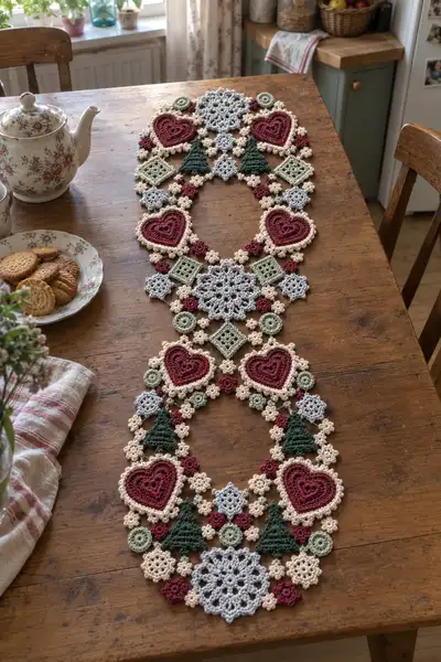 Scandinavian Heart Crochet Christmas Table Runner Pattern step 1 - construction progress