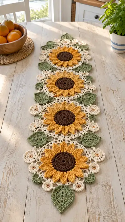 Golden Sunflower Olive Table Runner Pattern step 1 - construction progress