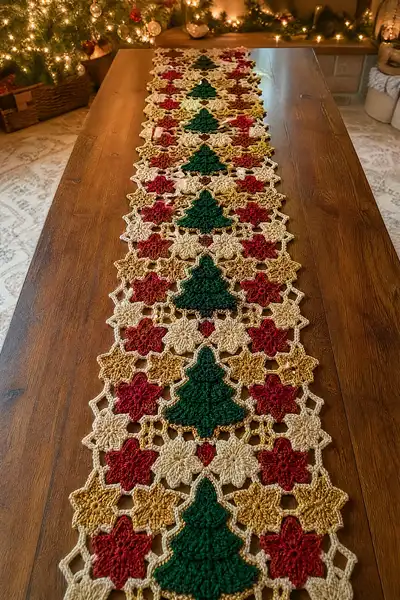 Long Christmas Tree Motif Table Runner Pattern step 1 - construction progress