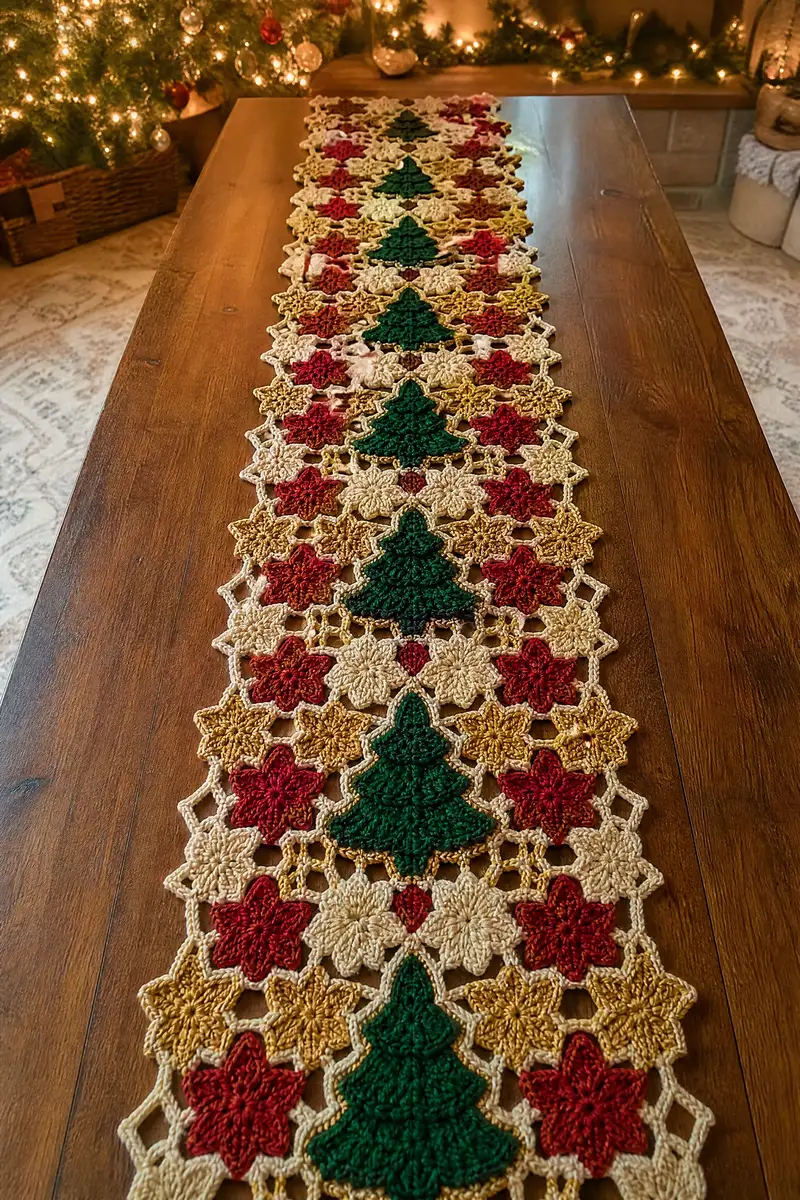 Long Christmas Tree Motif Table Runner Pattern crochet pattern - detailed view of completed project