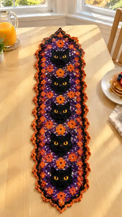 Spooky Kitty Floral Table Runner Pattern step 1 - construction progress