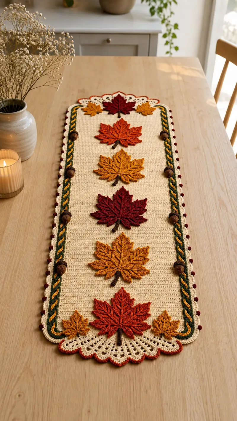 Autumn Maple Table Runner Pattern crochet pattern - detailed view of completed project