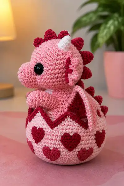Big Valentine Baby Dragon Hatching from a Heart Egg Amigurumi Pattern step 2 - assembly progress