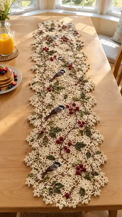 Cream Burgundy Chickadee Berry Table Runner Pattern step 1 - construction progress