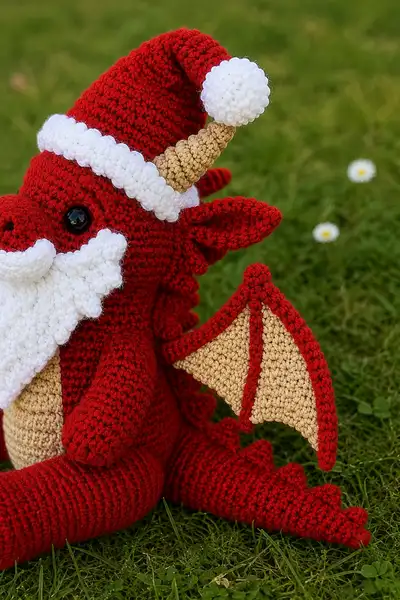 Santa Dragon with Red Hat and Fluffy White Beard Amigurumi Pattern step 2 - assembly progress