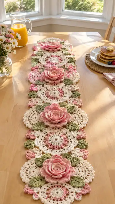 Pink Rose And Cream Lace Table Runner Pattern step 1 - construction progress