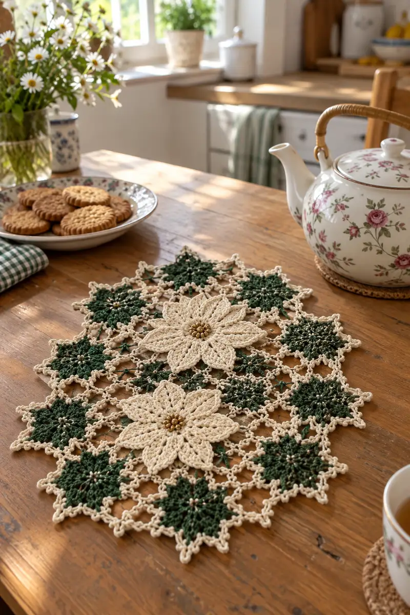 Poinsettia & Star Motif Table Runner Pattern crochet pattern - detailed view of completed project
