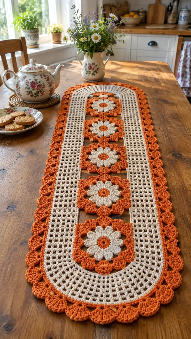 Vintage Daisy Table Runner Pattern crochet pattern - detailed view of completed project