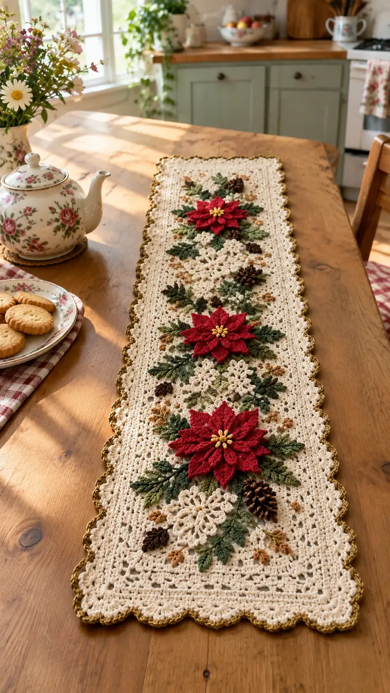 Festive Poinsettia Table Runner Pattern crochet pattern - detailed view of completed project