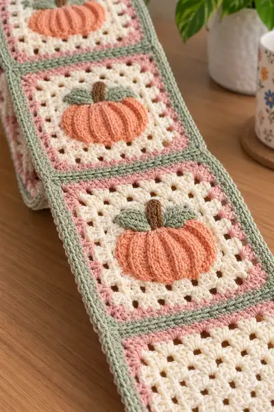 Pastel Pumpkin Granny Square Table Runner Pattern step 2 - assembly progress