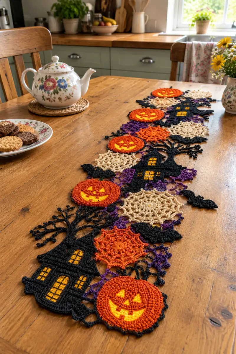 Halloween Jack-o-Lantern and Haunted House Table Runner Pattern crochet pattern - detailed view of completed project