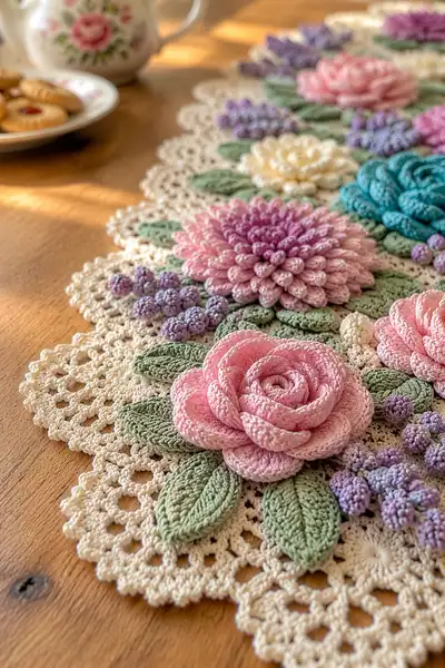 Cottage Rose and Dahlia Fancy Table Runner Pattern step 2 - assembly progress