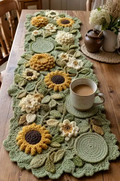 Sunflower Harvest Crochet Table Runner Pattern step 1 - construction progress