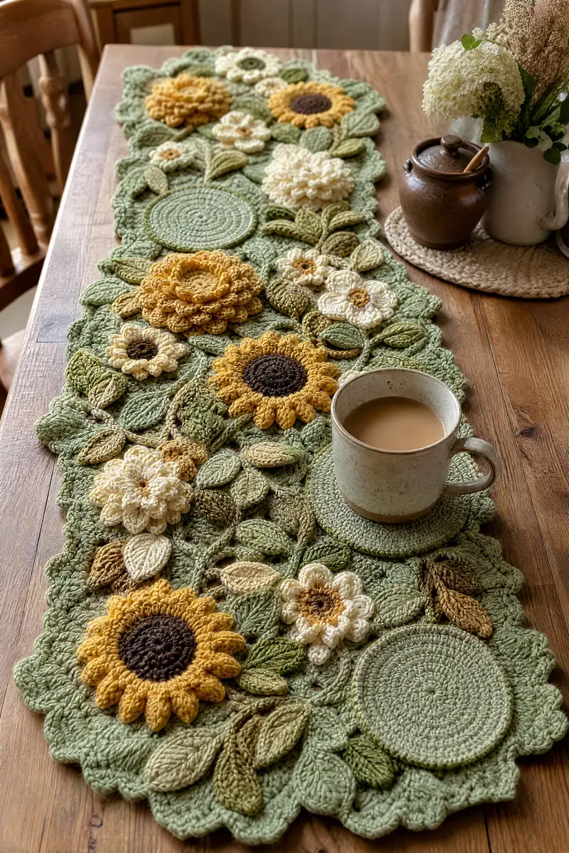 Sunflower Harvest Crochet Table Runner Pattern crochet pattern - detailed view of completed project