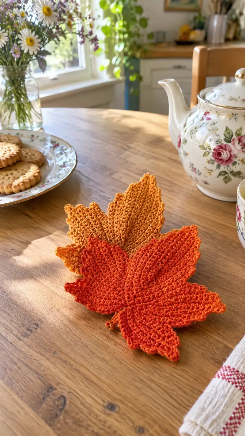 Autumn Maple Leaf Coaster Pattern crochet pattern - detailed view of completed project