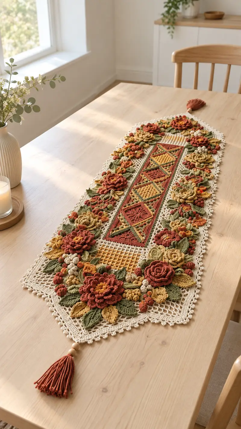 Autumn Floral Table Runner Pattern crochet pattern - detailed view of completed project