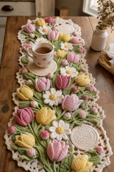 Spring Tulip Crochet Table Runner Pattern step 1 - construction progress