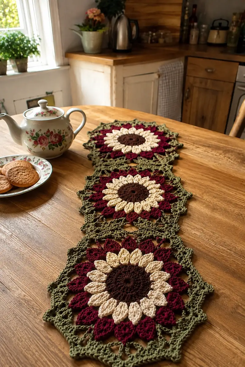 Sunflower Chain Table Runner Pattern crochet pattern - detailed view of completed project