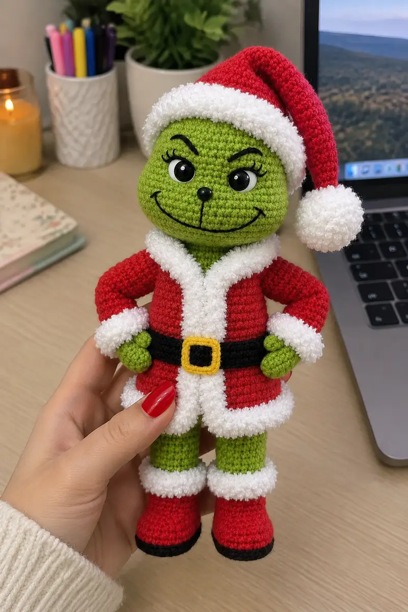 Grinch-Inspired Santa Doll Amigurumi Pattern crochet pattern - detailed view of completed project