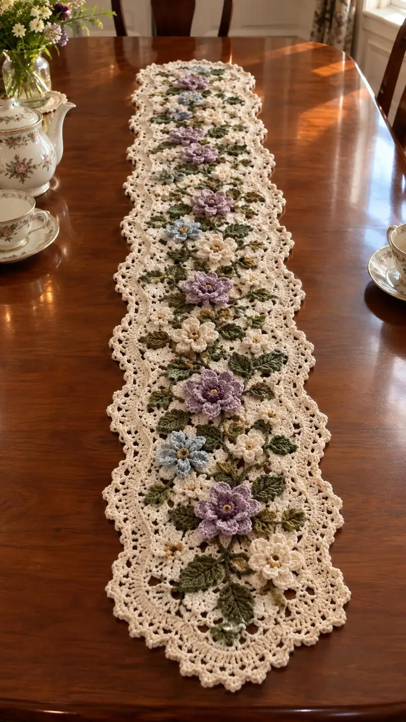 Lilac Blue Floral Lace Table Runner Pattern crochet pattern - detailed view of completed project