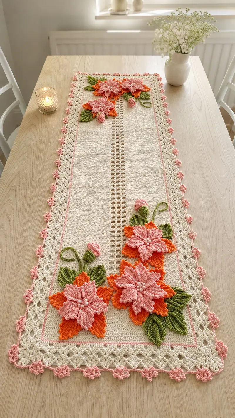 Elegant Floral Table Runner Pattern crochet pattern - detailed view of completed project