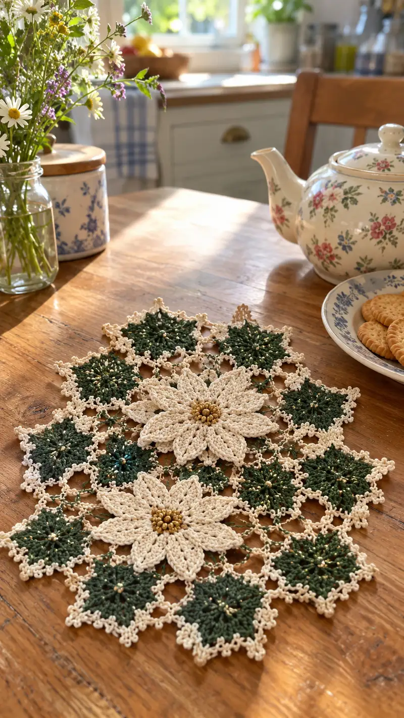 Vintage Poinsettia Table Runner Pattern crochet pattern - detailed view of completed project