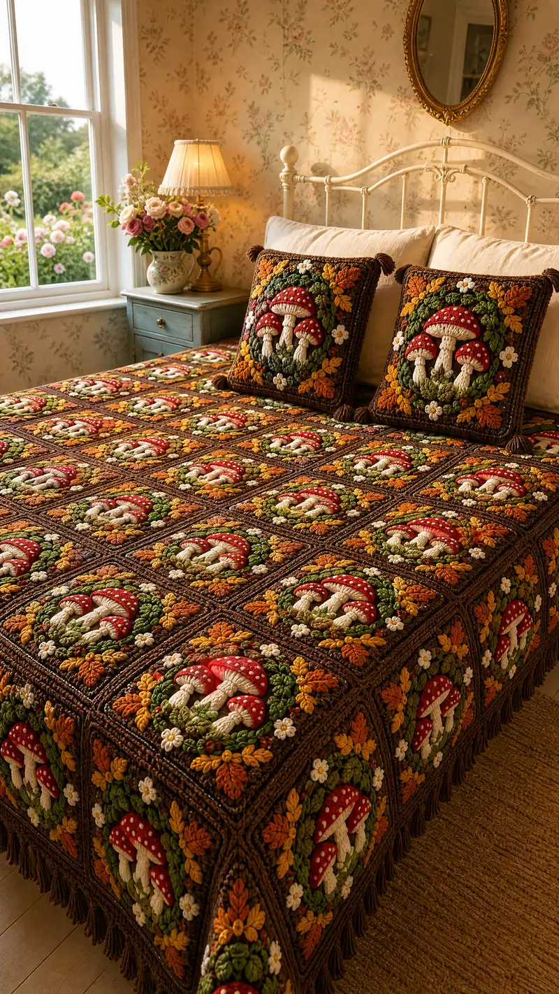 Vermilion Toadstool Granny Square Bedspread Pattern crochet pattern - detailed view of completed project