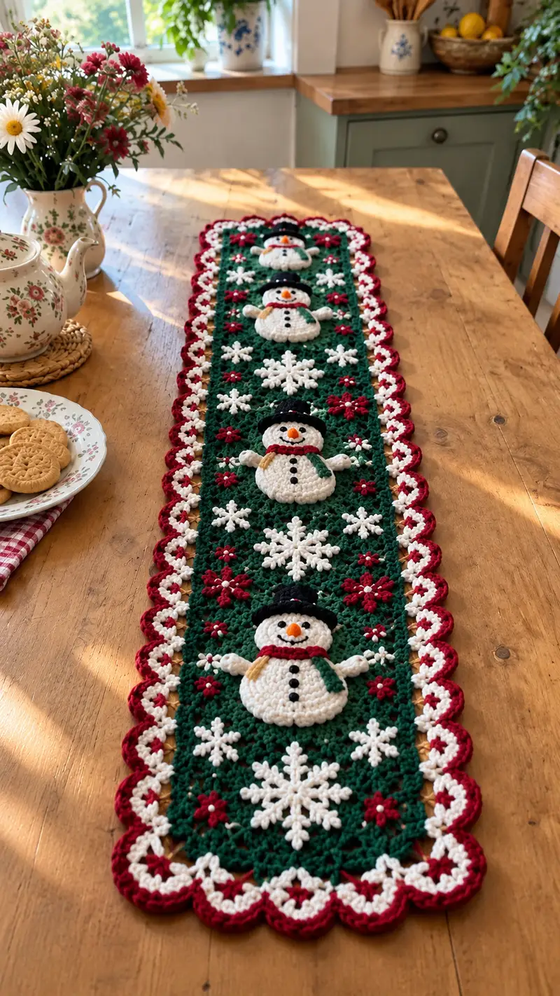 Festive Snowman Table Runner Pattern crochet pattern - detailed view of completed project
