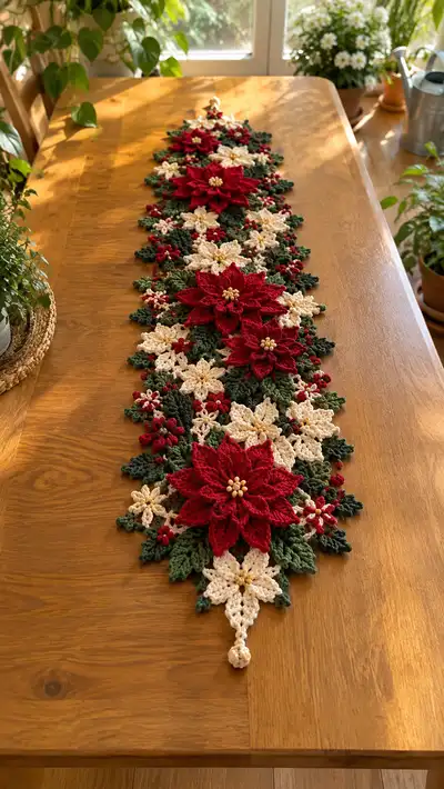 Red Poinsettia And Cream Snowflake Table Runner Pattern step 1 - construction progress