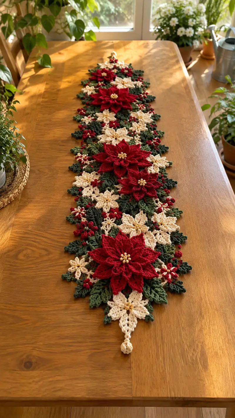 Red Poinsettia And Cream Snowflake Table Runner Pattern crochet pattern - detailed view of completed project
